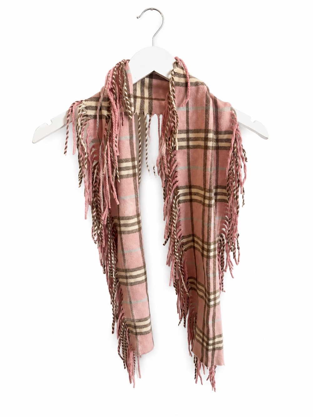 Burberry Pink Check Plaid Cashmere Blend Fringe Scarf Wrap